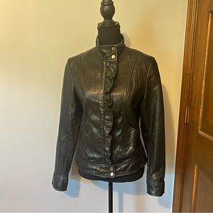 Black Rivet Leather Jacket with Front Ruffle size small Small EUC